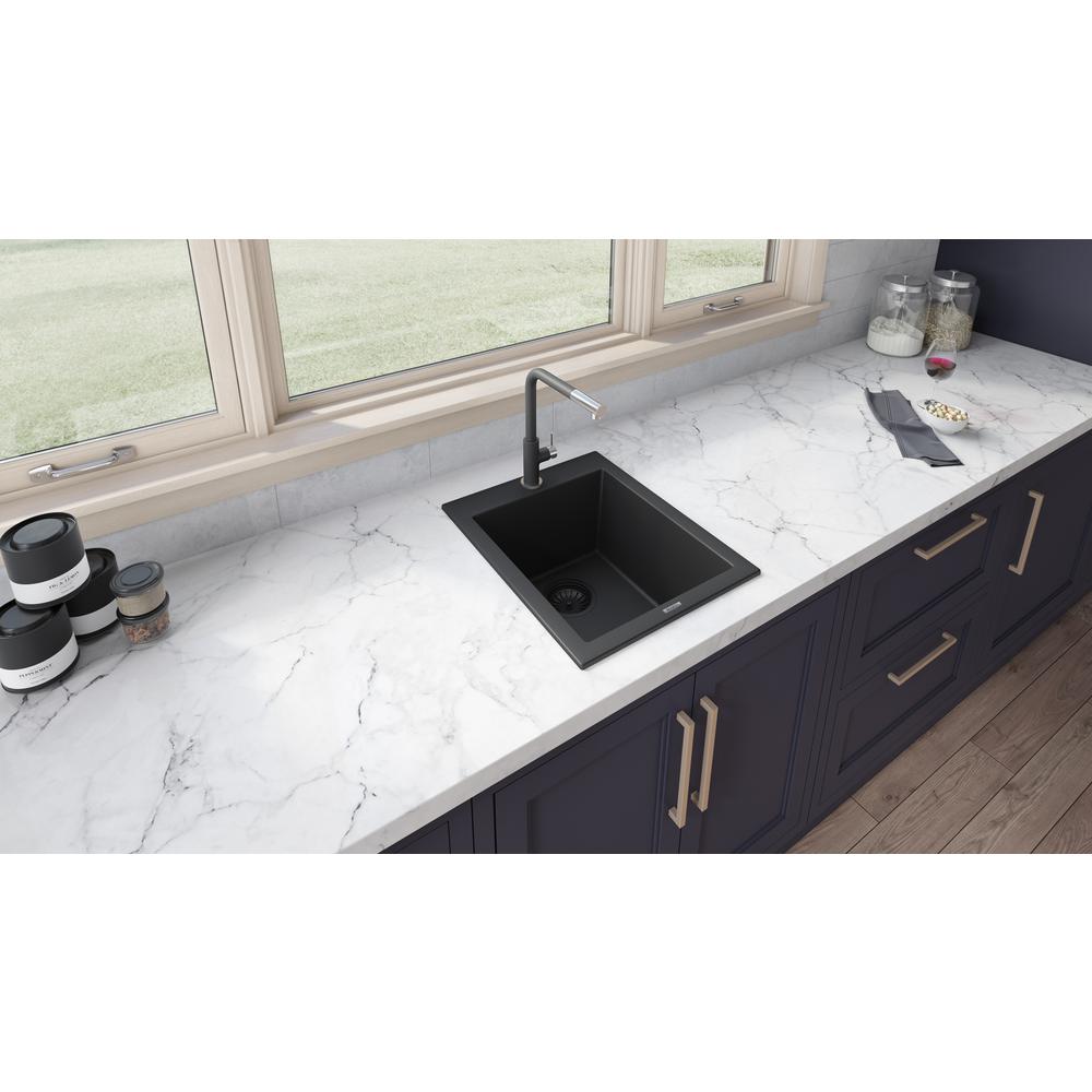 Drop-in Topmount Granite Composite Single Bowl Kitchen Sink - Midnight Black. Picture 7
