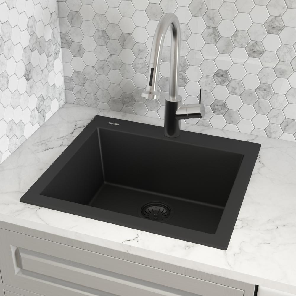 Drop-in Topmount Granite Composite Single Bowl Kitchen Sink - Midnight Black. Picture 8