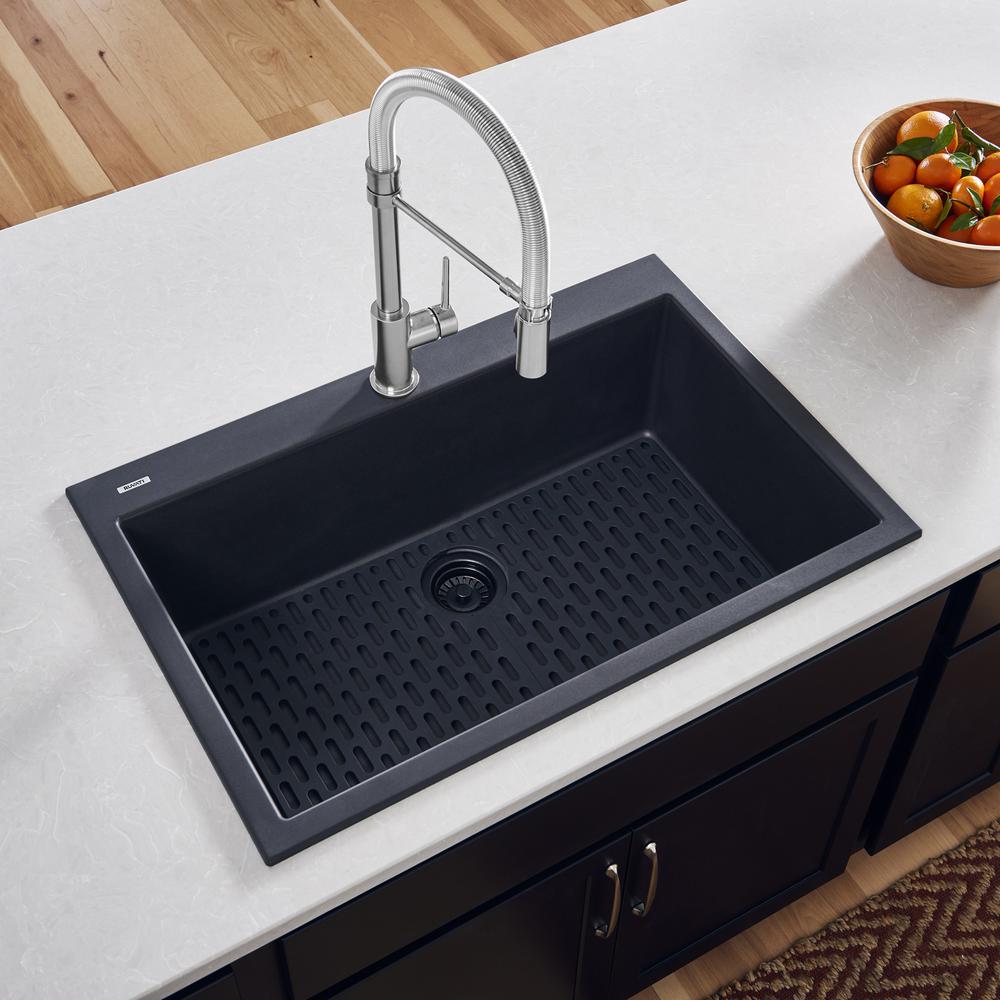 Drop-in Topmount Granite Composite Single Bowl Kitchen Sink - Midnight Black. Picture 4