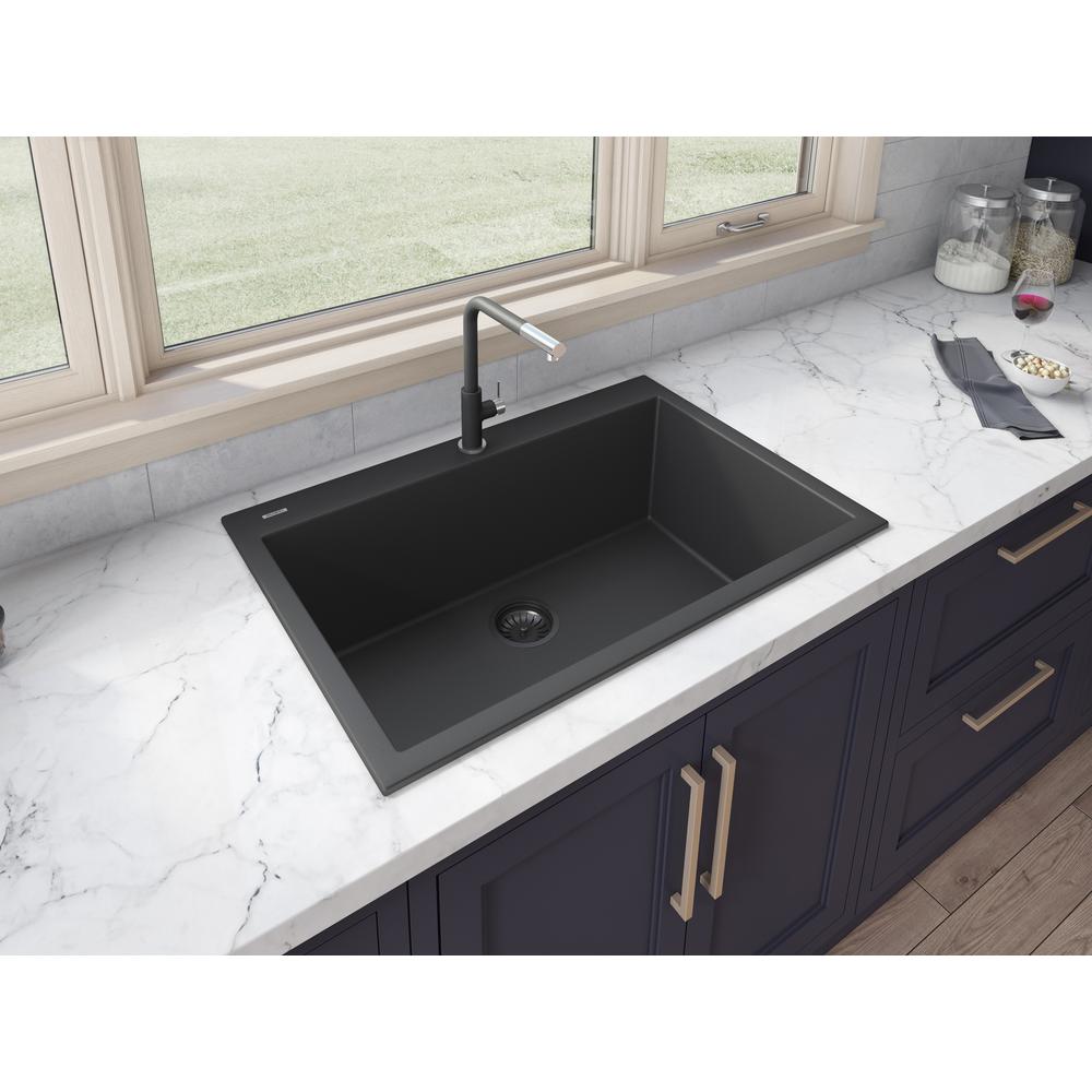 Drop-in Topmount Granite Composite Single Bowl Kitchen Sink - Midnight Black. Picture 6
