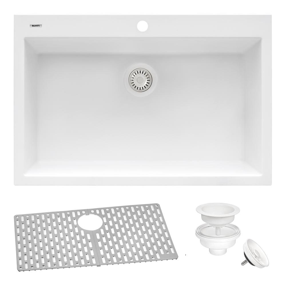 Drop-in Topmount Granite Composite Single Bowl Kitchen Sink - Arctic White. Picture 9