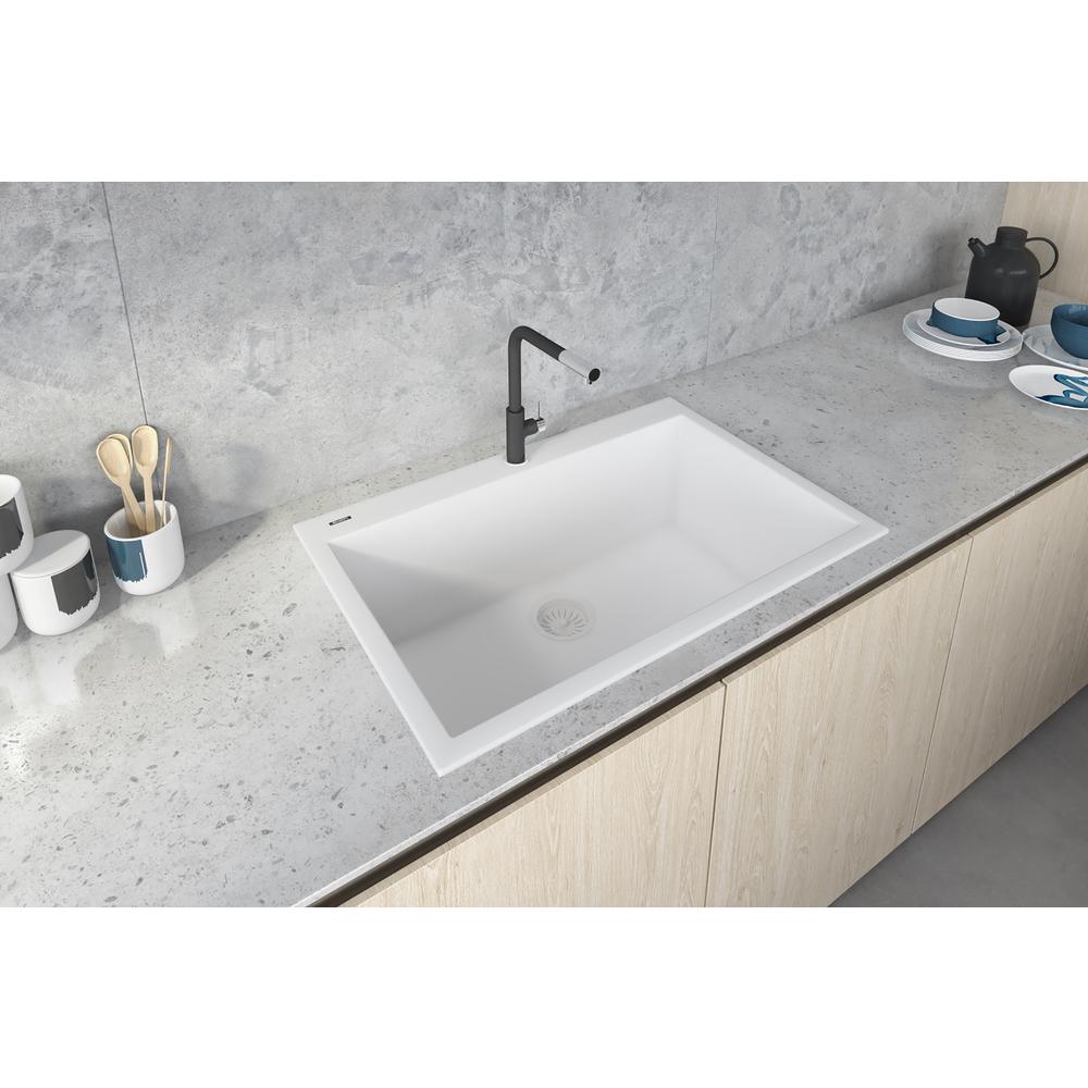 Drop-in Topmount Granite Composite Single Bowl Kitchen Sink - Arctic White. Picture 8
