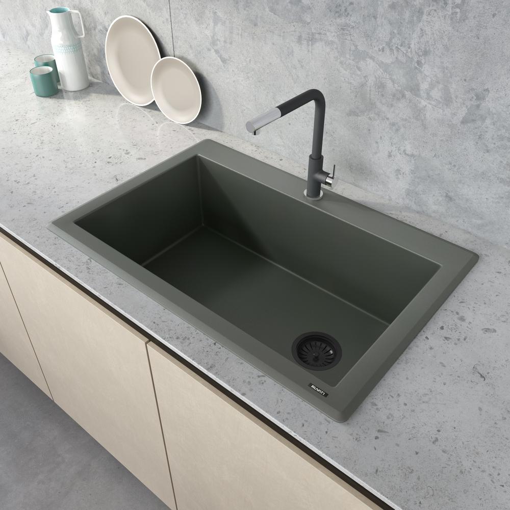 Ruvati 33 x 22 inch Drop-in Topmount Single Bowl Kitchen Sink Juniper Green. Picture 5