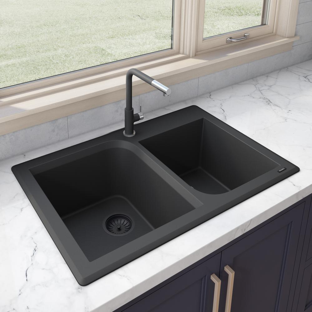Ruvati 33 x 22 inch epiGranite Dual-Mount Granite Composite Double Bowl Kitchen Sink - Midnight Black - RVG1396BK. Picture 6