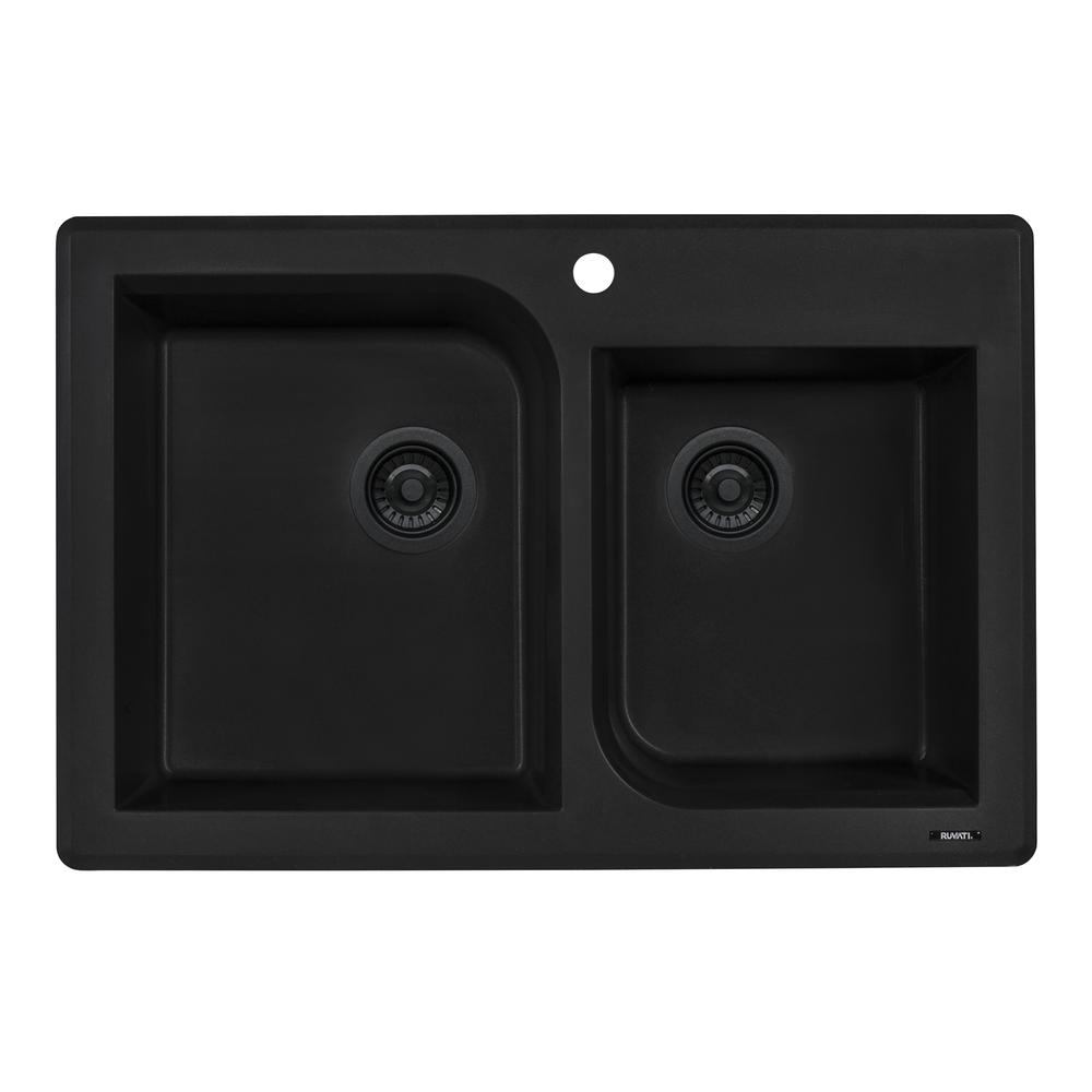 Ruvati 33 x 22 inch epiGranite Dual-Mount Granite Composite Double Bowl Kitchen Sink - Midnight Black - RVG1396BK. Picture 1
