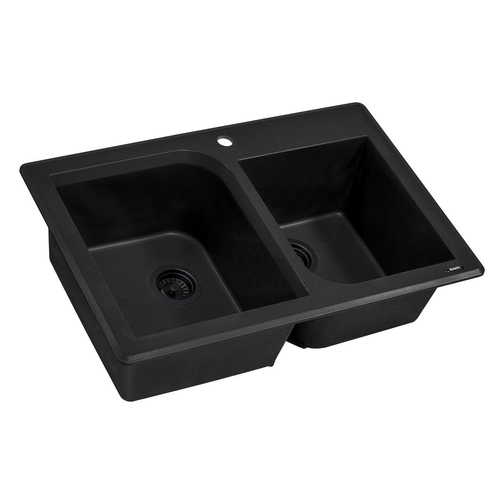 Ruvati 33 x 22 inch epiGranite Dual-Mount Granite Composite Double Bowl Kitchen Sink - Midnight Black - RVG1396BK. Picture 2