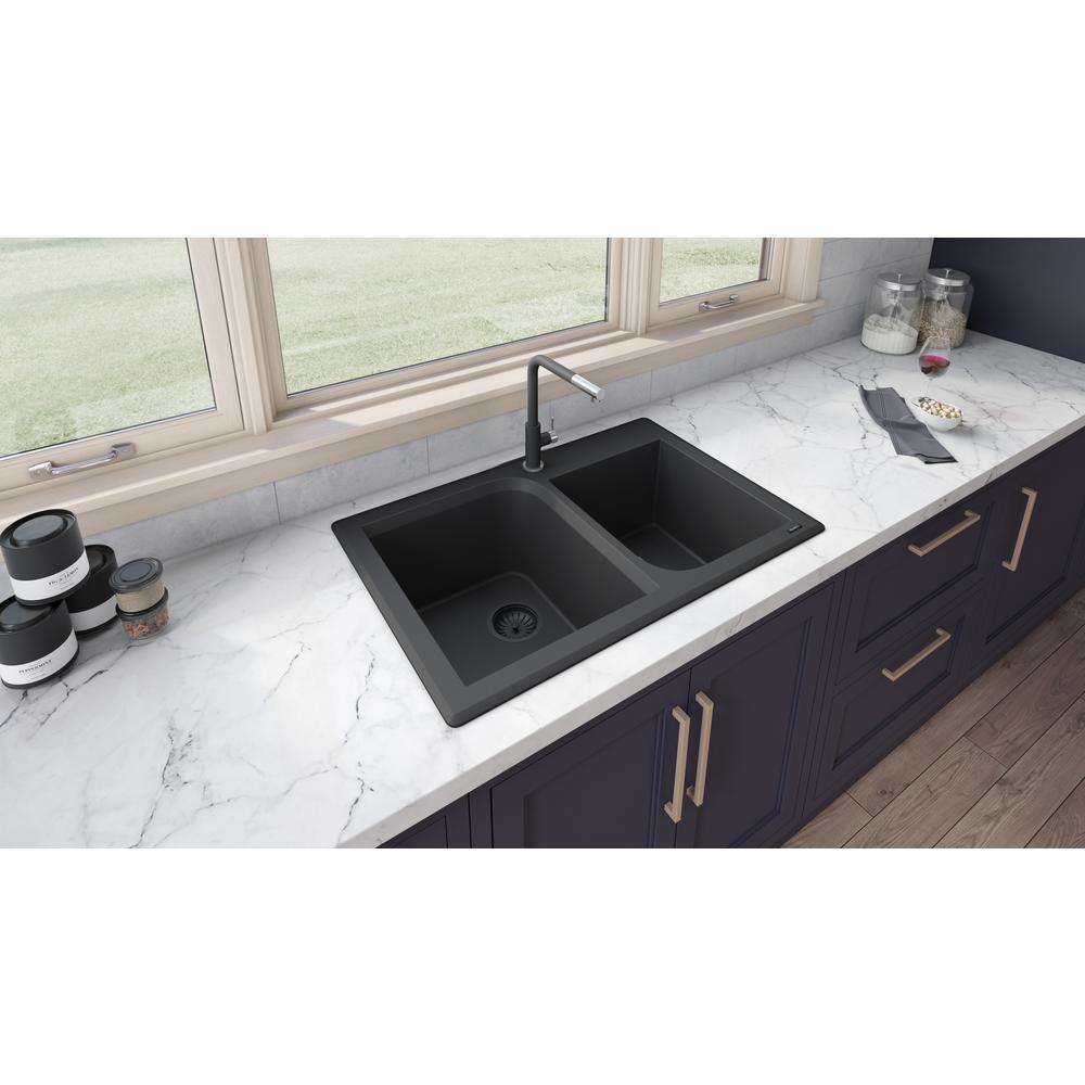 Ruvati 33 x 22 inch epiGranite Dual-Mount Granite Composite Double Bowl Kitchen Sink - Midnight Black - RVG1396BK. Picture 7