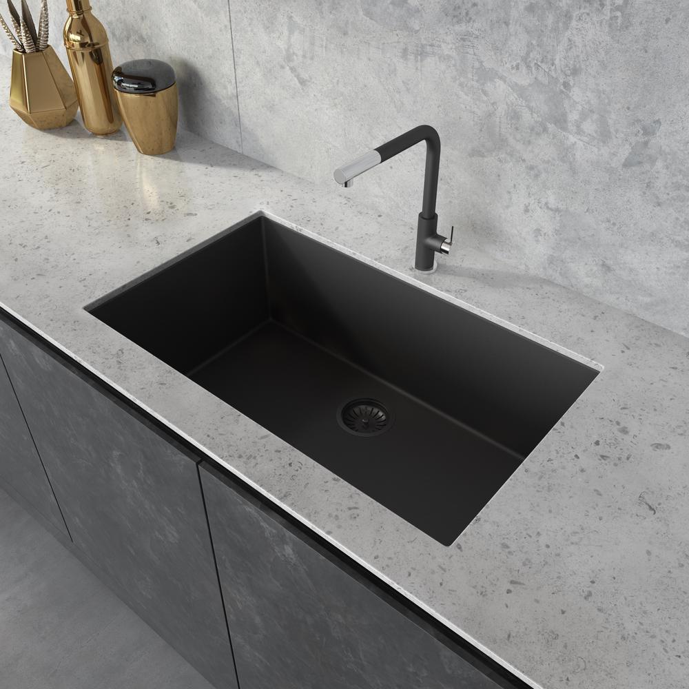 Granite Composite Undermount Single Bowl Kitchen Sink - Midnight Black. Picture 11