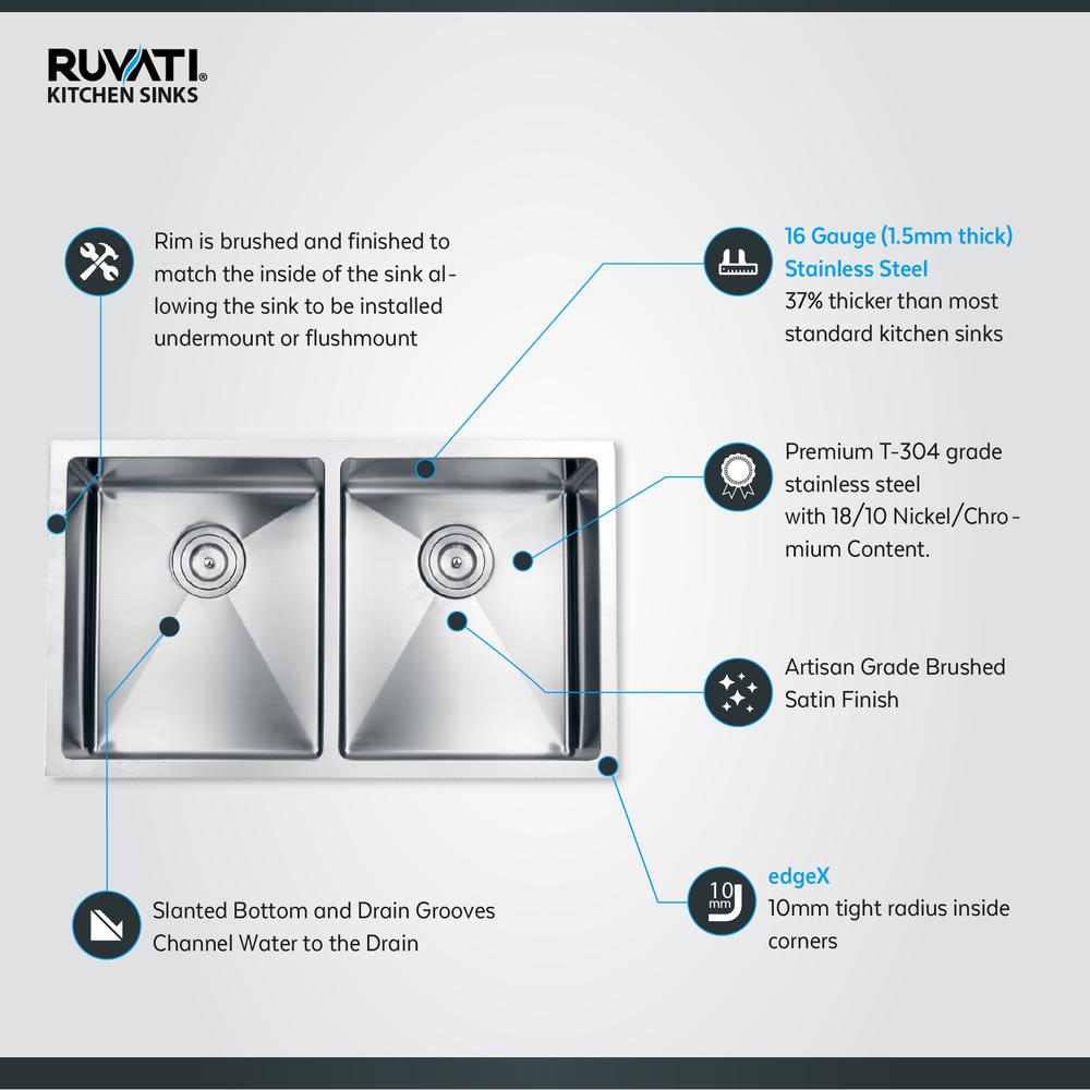 Ruvati 32-in Undermount 50/50 Double Bowl Rounded Corners 16 Gauge Kitchen Sink. Picture 8