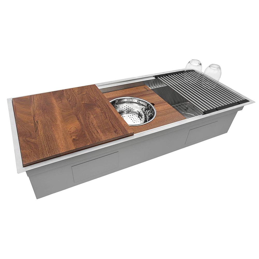 Ruvati 57-inch Workstation Two-Tiered Ledge Kitchen Sink Undermount 16 Gauge. Picture 5