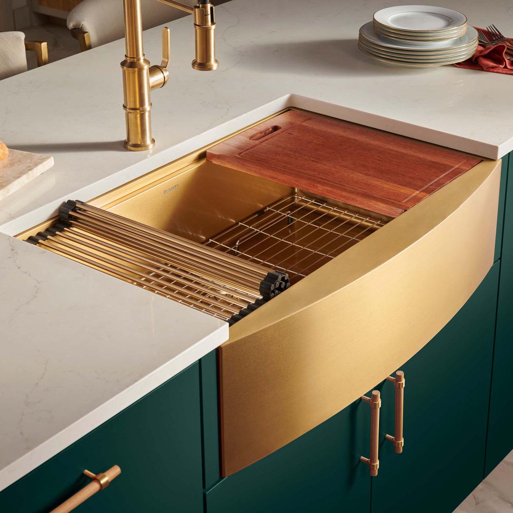 Ruvati 30-inch Matte Gold Workstation Apron-Front Brass Tone Kitchen Sink. Picture 11