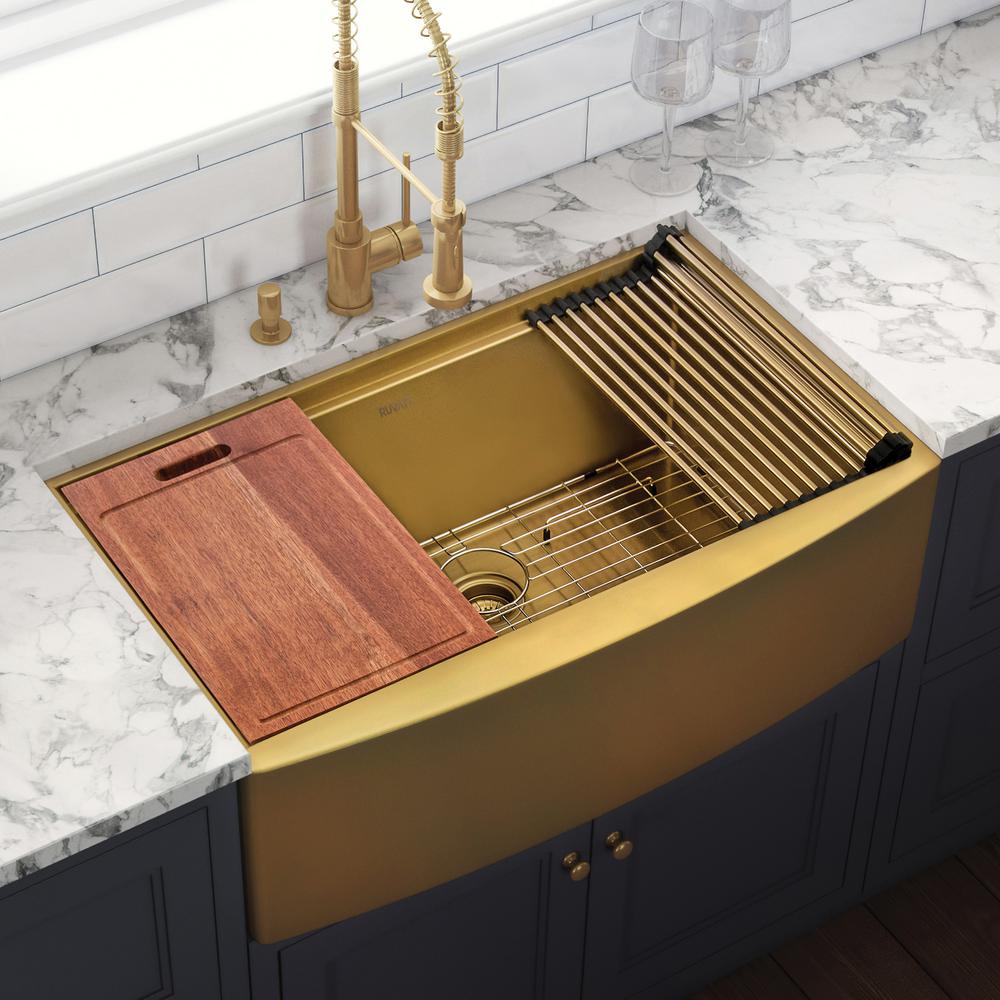 Ruvati 30-inch Matte Gold Workstation Apron-Front Brass Tone Kitchen Sink. Picture 12