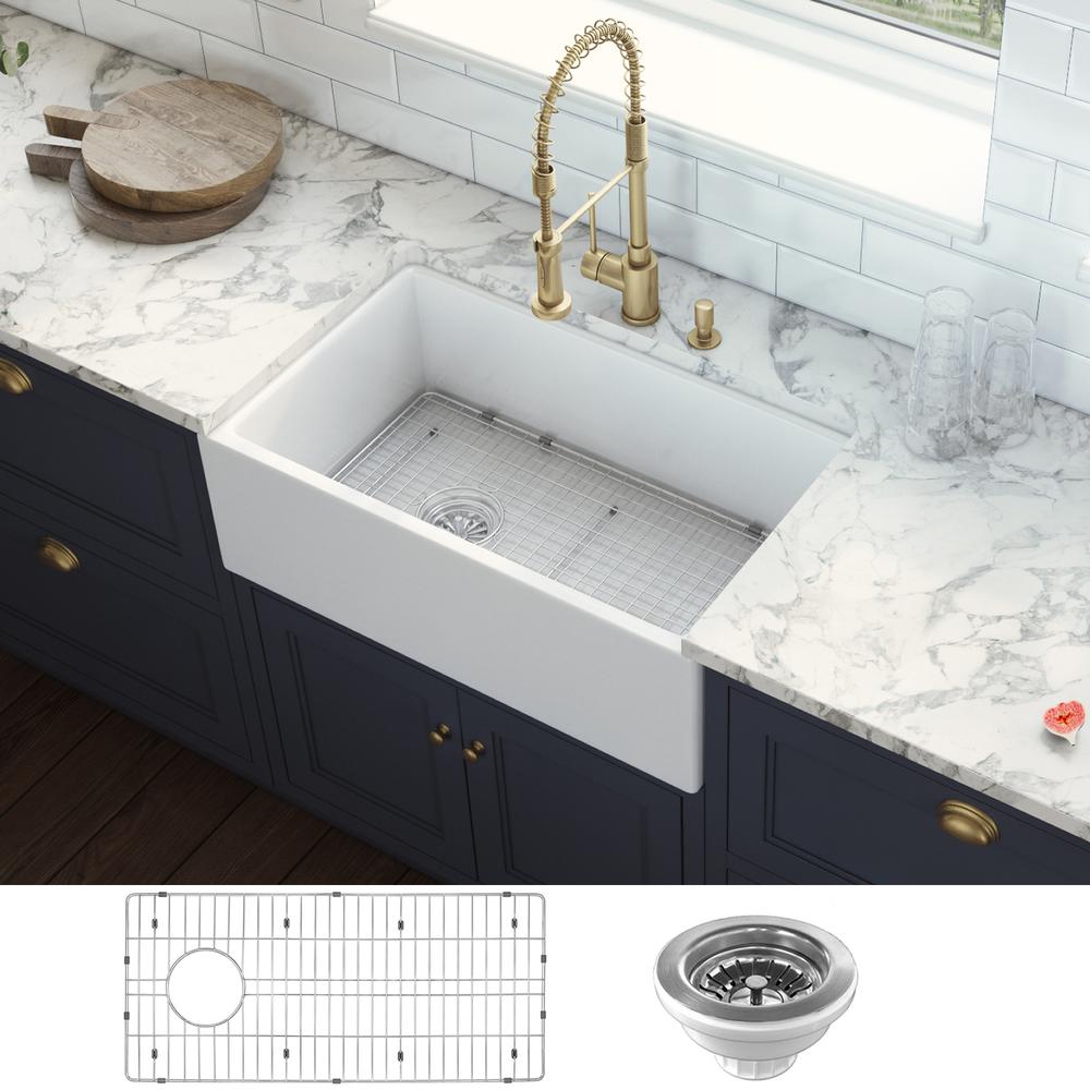 Ruvati 30-inch Fireclay Offset Drain Kitchen Sink Single Bowl WhiteLeft Drain. Picture 7