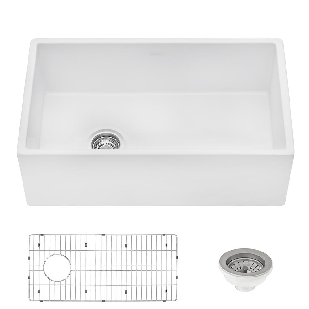 Ruvati 30-inch Fireclay Offset Drain Kitchen Sink Single Bowl WhiteLeft Drain. Picture 3