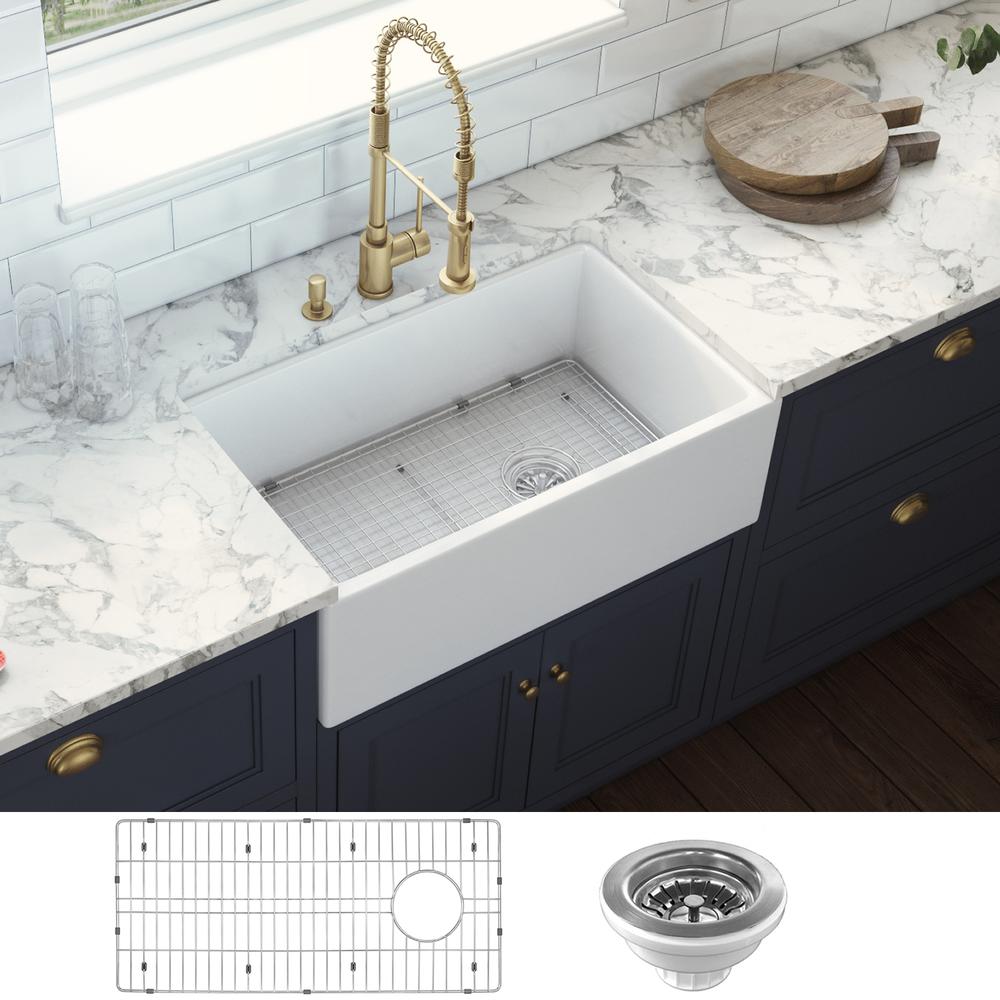 Ruvati 30-inch Fireclay Offset Drain Kitchen Sink Single Bowl WhiteRight Drain. Picture 7