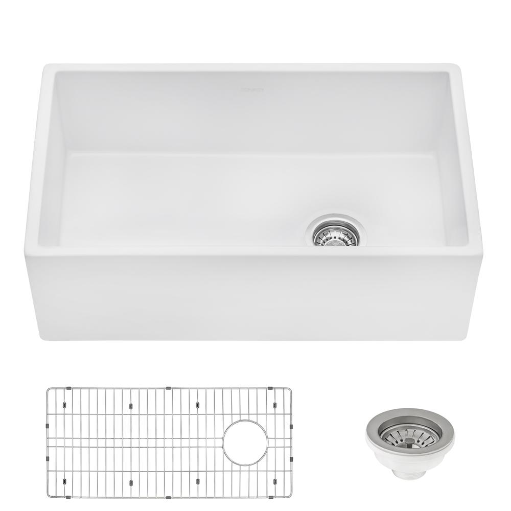 Ruvati 30-inch Fireclay Offset Drain Kitchen Sink Single Bowl WhiteRight Drain. Picture 4