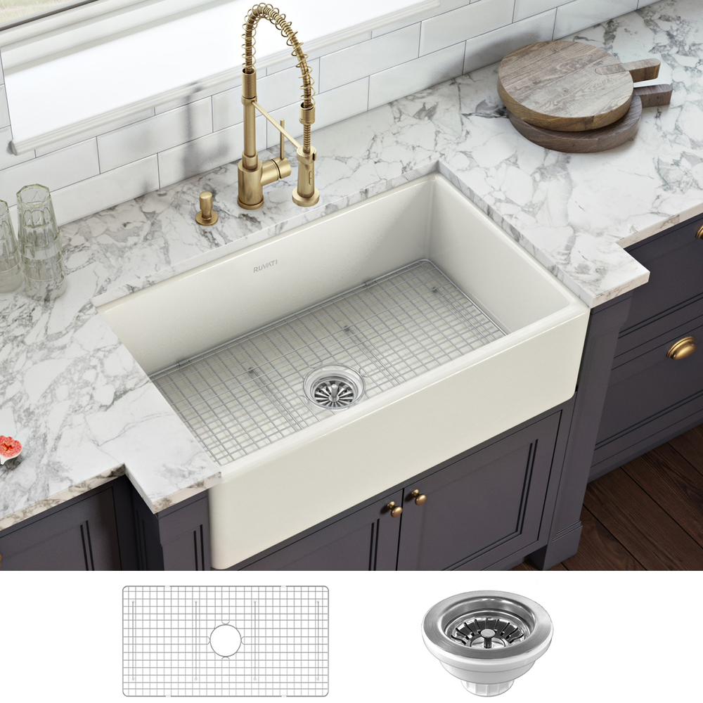 Ruvati 33 x 20 inch Fireclay Reversible Farmhouse Apron-Front Kitchen Sink Single Bowl - Biscuit - RVL2300BS. Picture 10