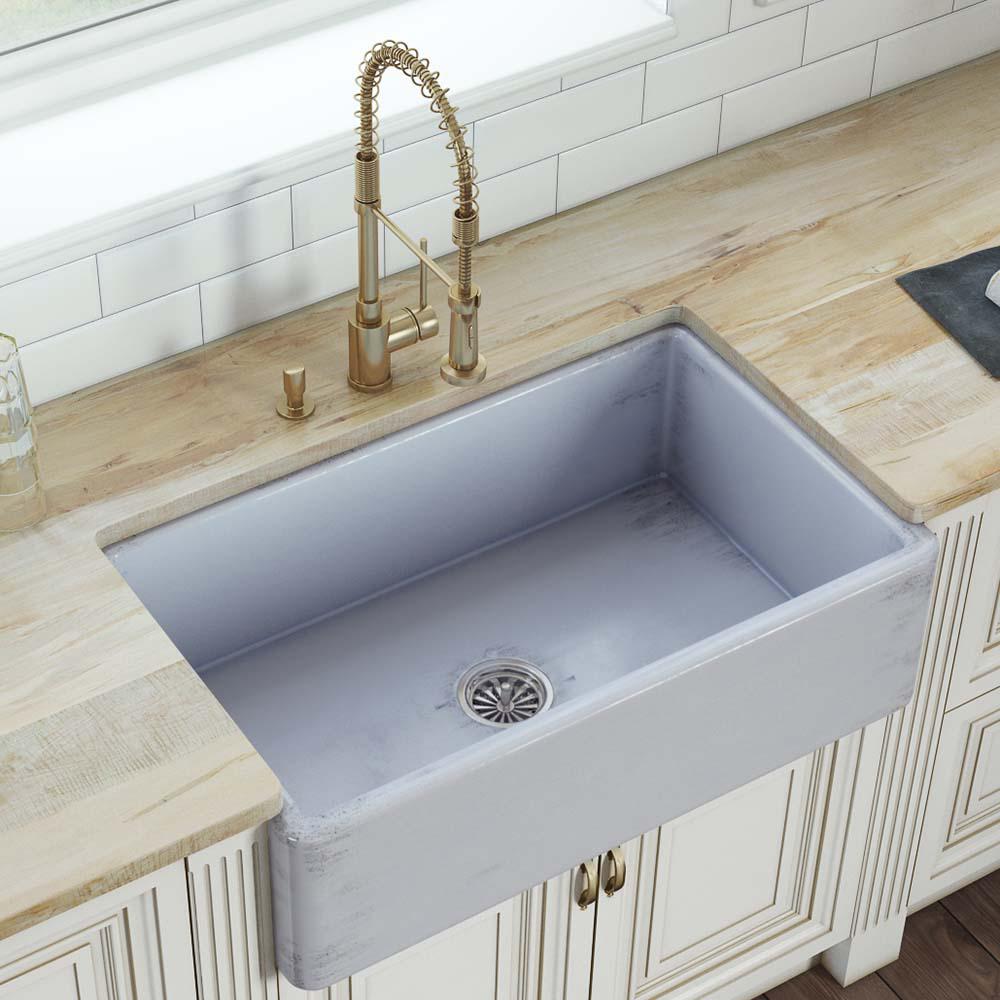 Ruvati 33 inch Fireclay Distressed Finish Apron-Front Kitchen Sink Reversible. Picture 6