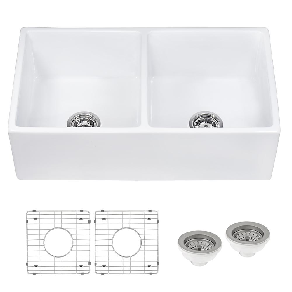 Ruvati 33 x 18 inch Fireclay Farmhouse Apron-Front Kitchen Sink Double Bowl. Picture 2