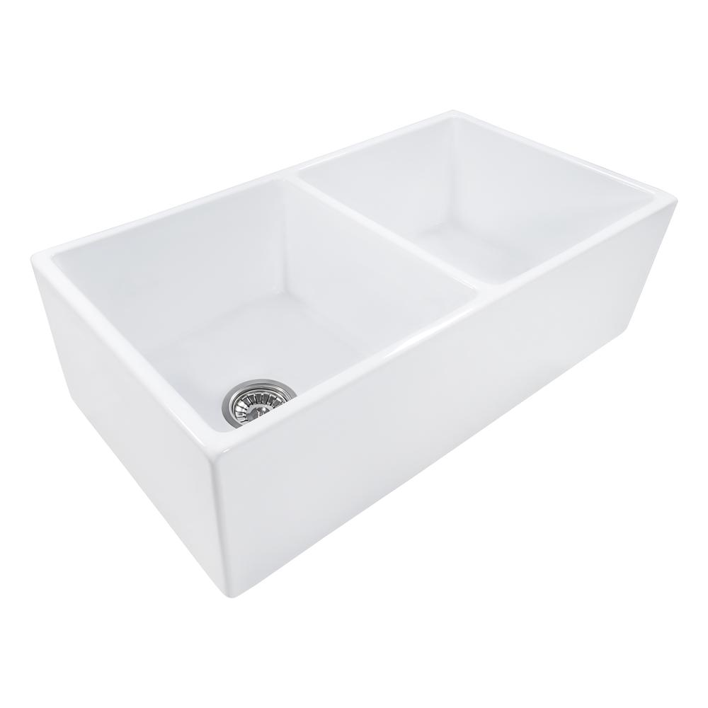 Ruvati 33 x 18 inch Fireclay Farmhouse Apron-Front Kitchen Sink Double Bowl. Picture 3
