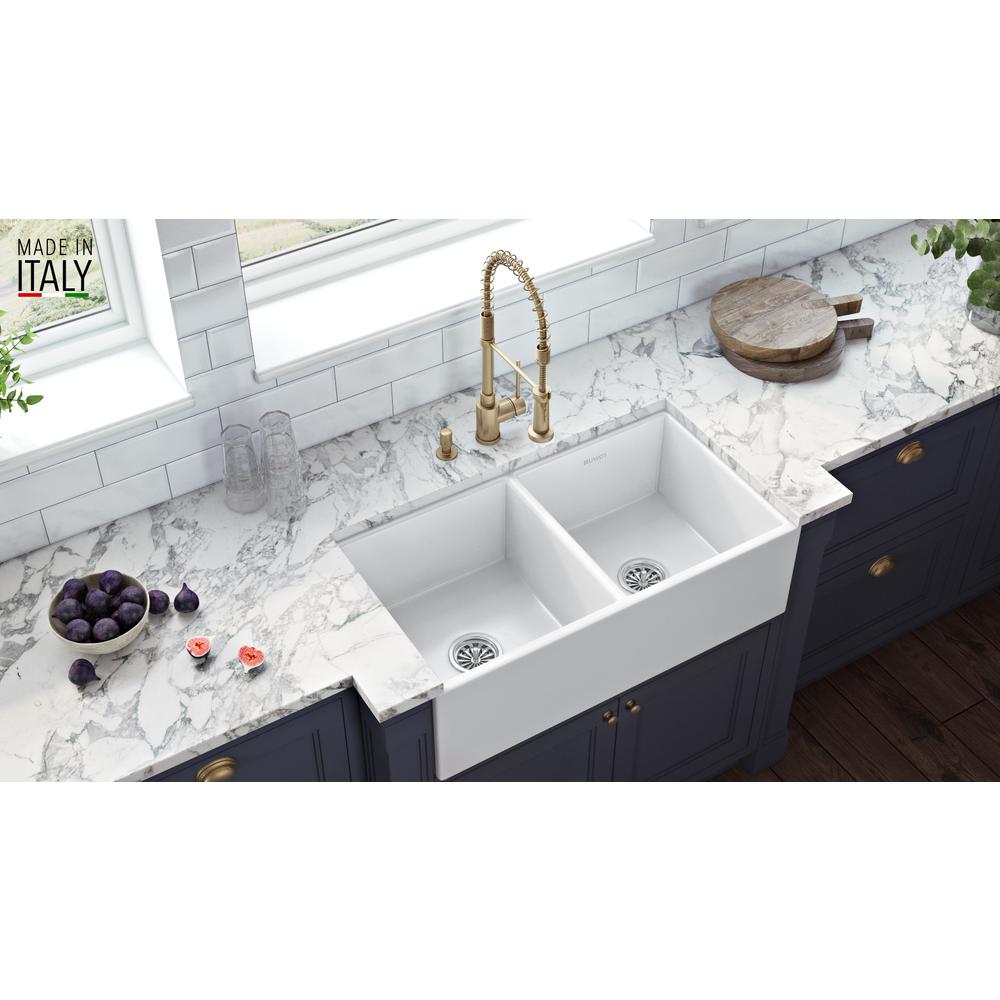 Ruvati 33 x 18 inch Fireclay Farmhouse Apron-Front Kitchen Sink Double Bowl. Picture 7