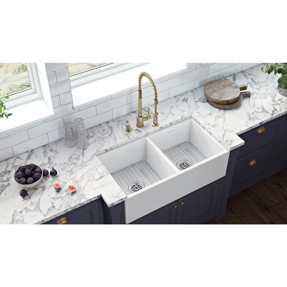 Ruvati 33 x 18 inch Fireclay Farmhouse Apron-Front Kitchen Sink Double Bowl. Picture 9