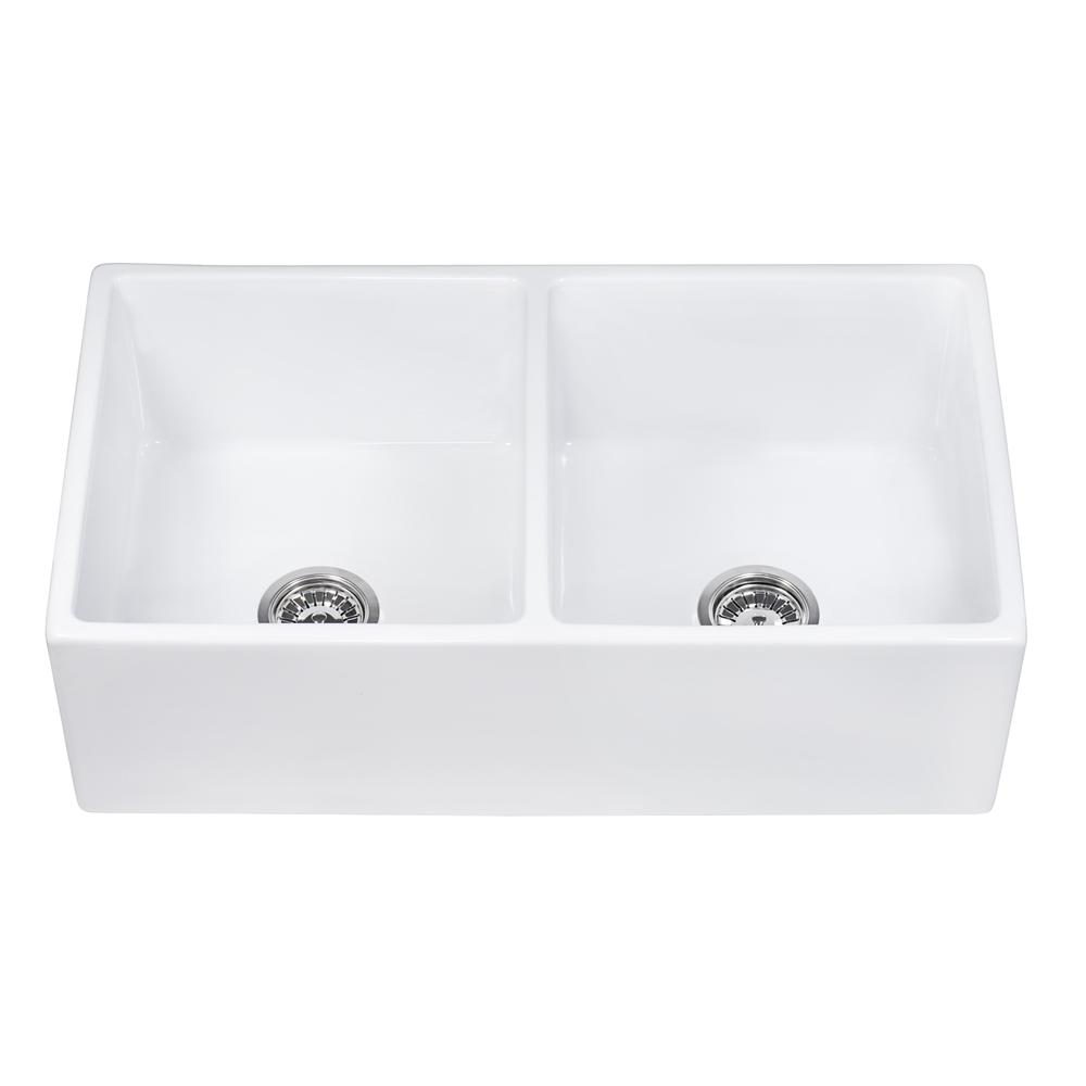 Ruvati 33 x 18 inch Fireclay Farmhouse Apron-Front Kitchen Sink Double Bowl. Picture 10