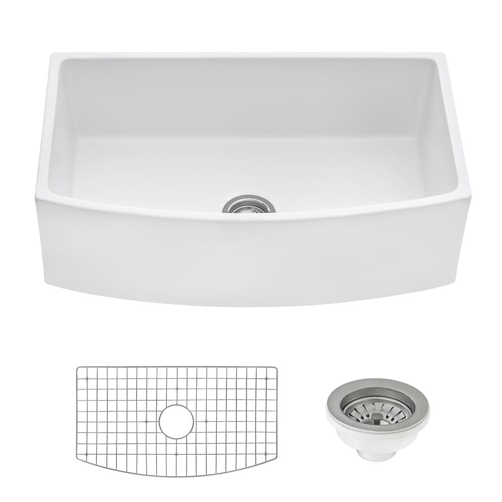 Ruvati 33 inch Fireclay White Kitchen Sink Bow Front Curved Apron Single Bowl. Picture 5