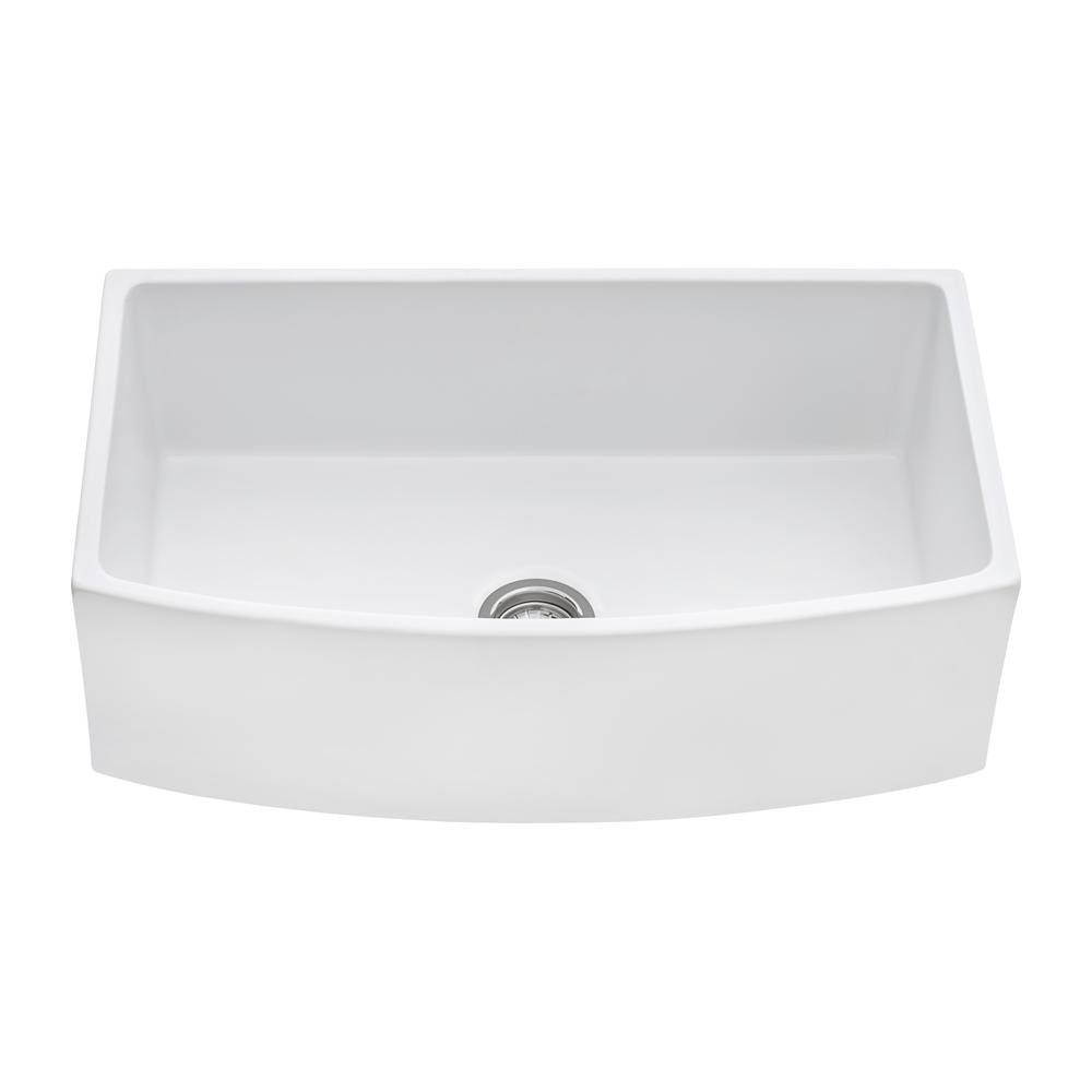 Ruvati 33 inch Fireclay White Kitchen Sink Bow Front Curved Apron Single Bowl. Picture 2