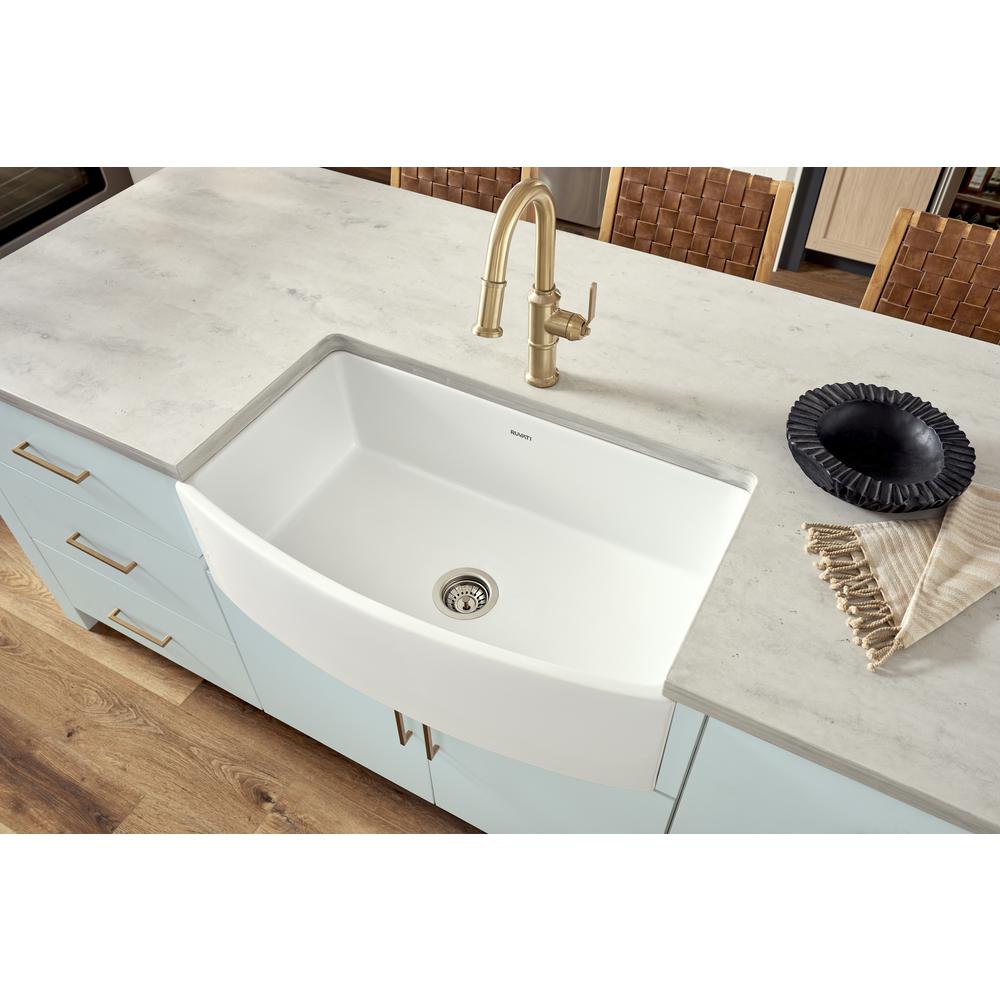 Ruvati 33 inch Fireclay White Kitchen Sink Bow Front Curved Apron Single Bowl. Picture 6