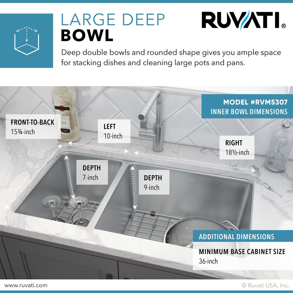 Ruvati 32-inch Undermount Kitchen Sink 30/70 Double Bowl 16 Gauge. Picture 3