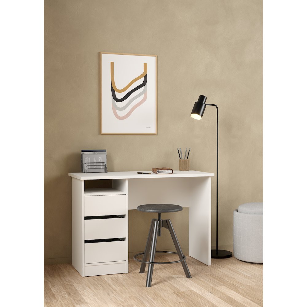 Wes Home Office Writing Desk with 3 Drawers and Open Shelf, White. Picture 6