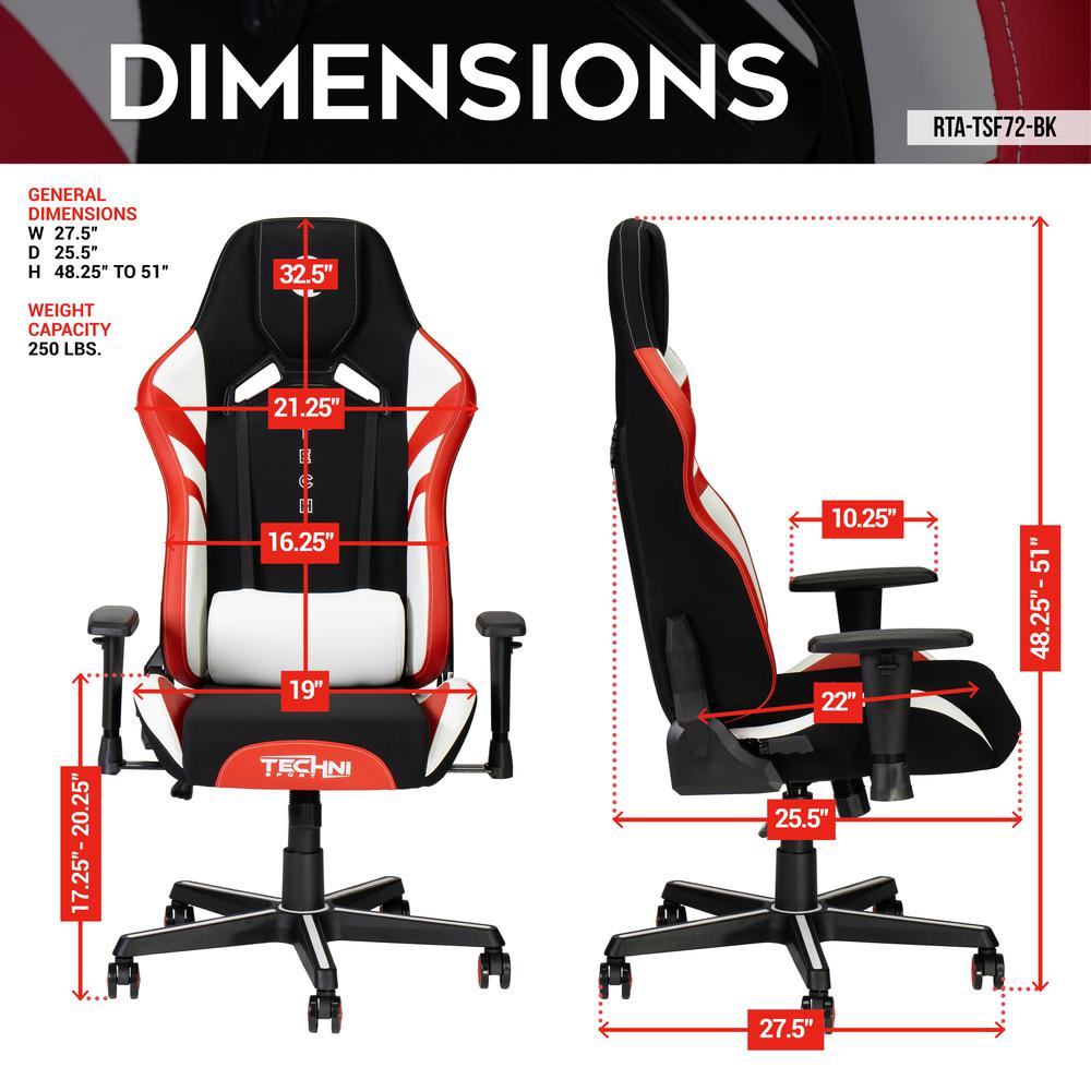 Techni Sport Echo Gaming Chair - Black with Red & White. Picture 10