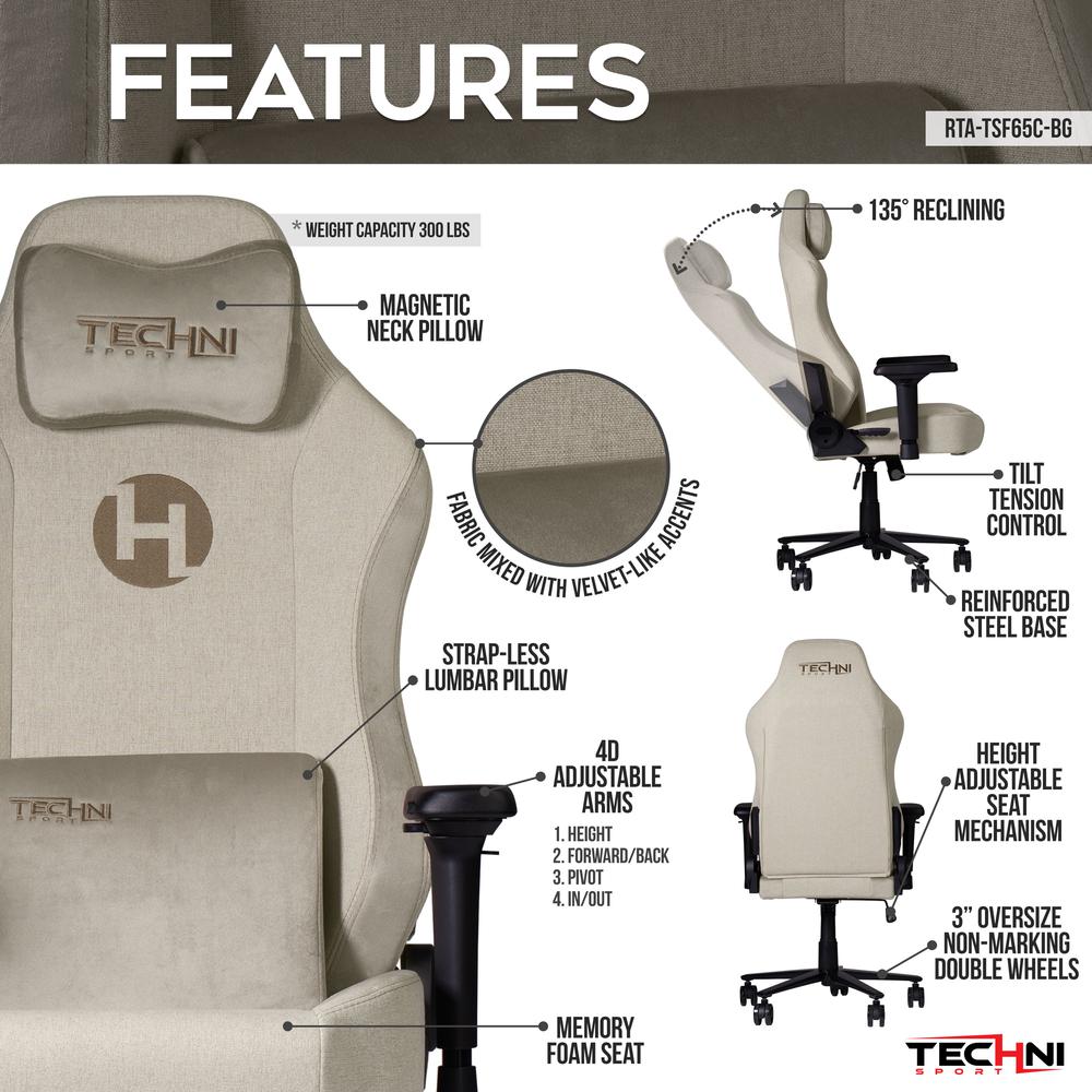 Techni Sport Fabric Gaming Chair - Beige. Picture 11