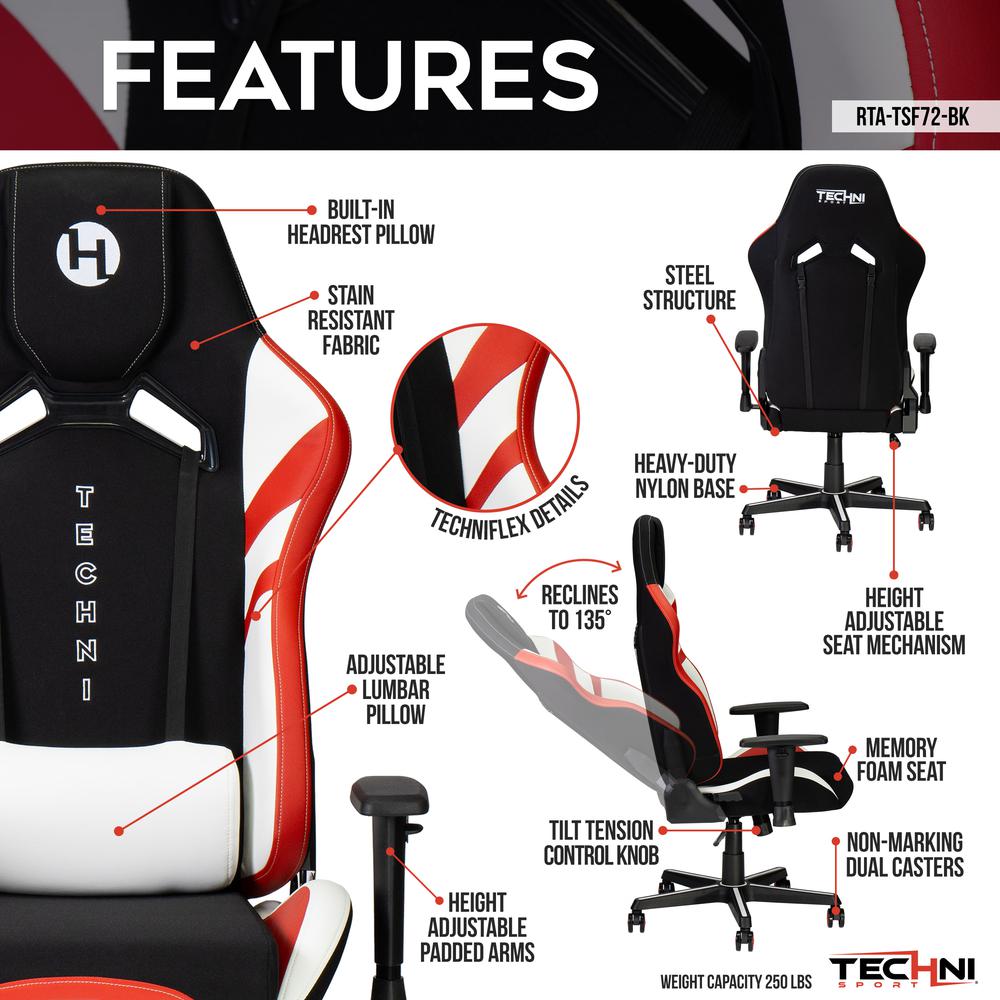 Techni Sport Echo Gaming Chair - Black with Red & White. Picture 9