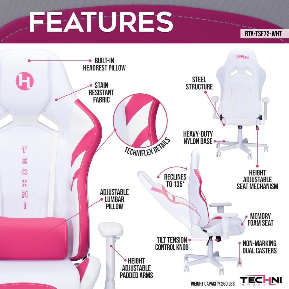 Techni Sport Echo Gaming Chair - White with Pink. Picture 9