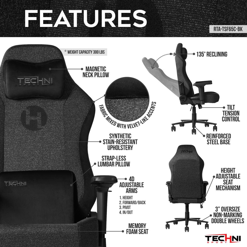 Techni Sport Fabric Gaming Chair - Black. Picture 12