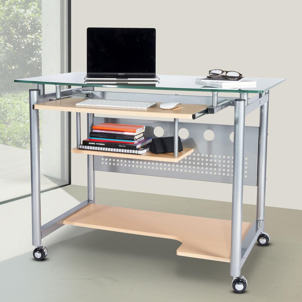 Techni Mobili Rolling Computer Desk, Glass and Silver. Picture 4