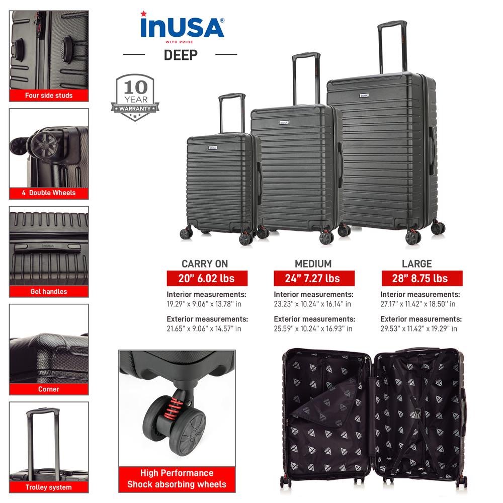 InUSA Deep lightweight hardside spinner 3 piece luggage set  20'',24'', 28'' Black. Picture 6