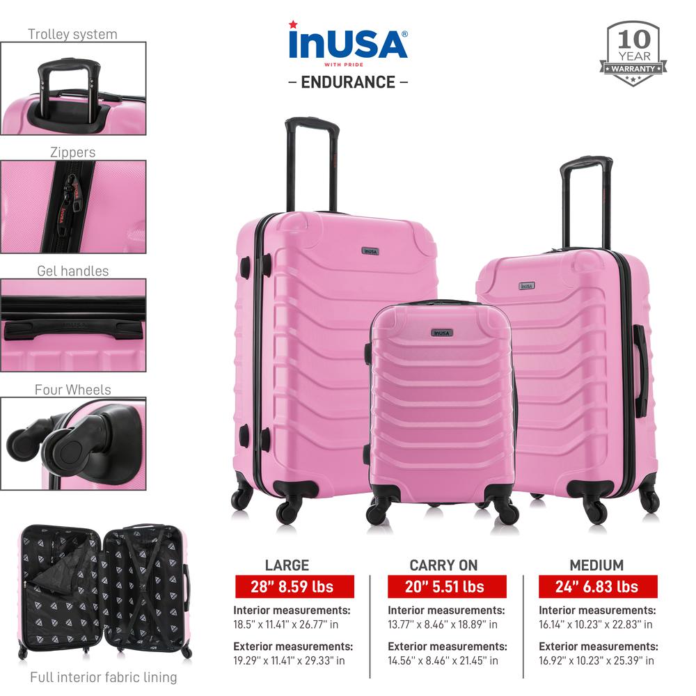 InUSA Endurance Lightweight Hardside Spinner 3 Piece Luggage set  20'',24'', 28'' Pink. Picture 4