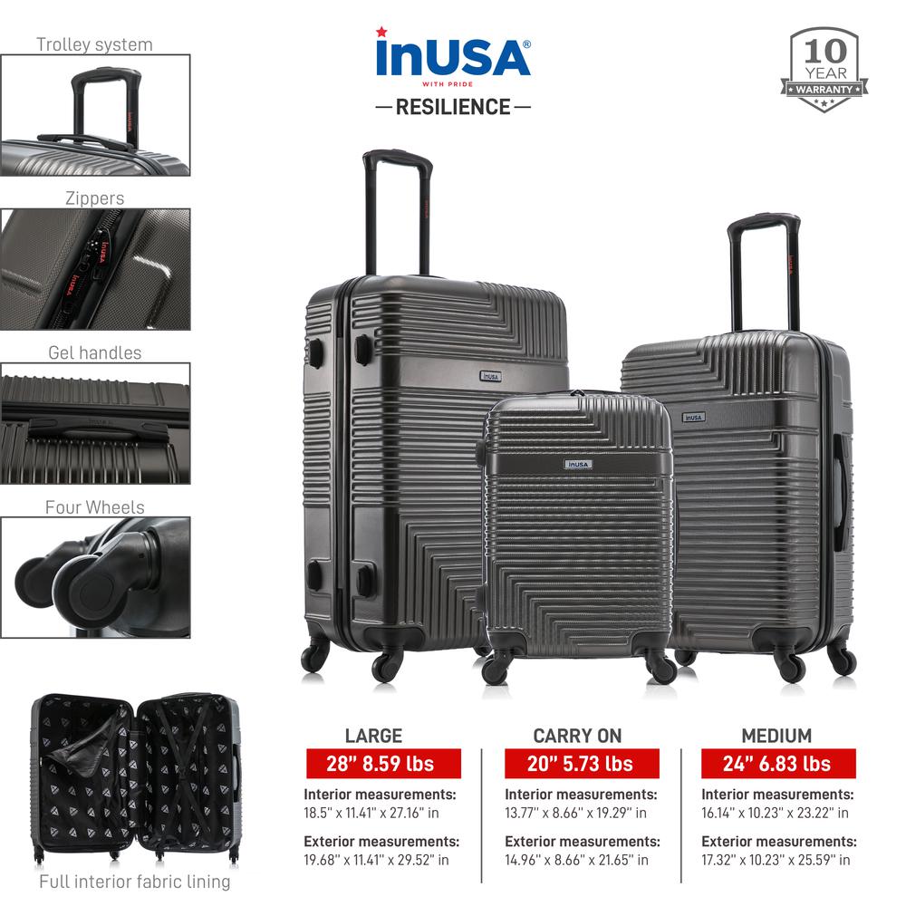 InUSA Resilience Lightweight Hardside Spinner 3 Piece Luggage set  20'',24'', 28'' Charcoal. Picture 6