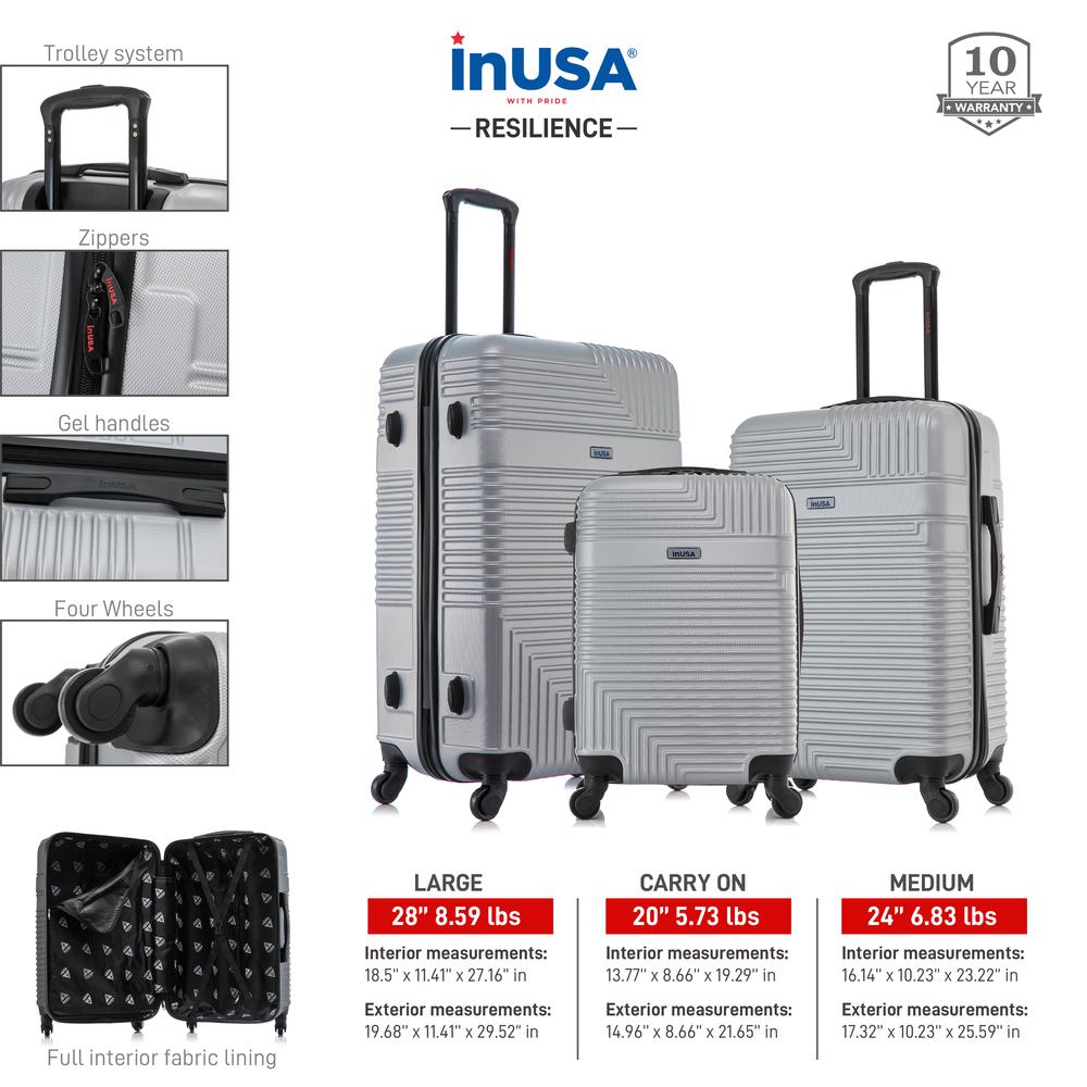 InUSA Resilience Lightweight Hardside Spinner 3 Piece Luggage set  20'',24'', 28'' Silver. Picture 3