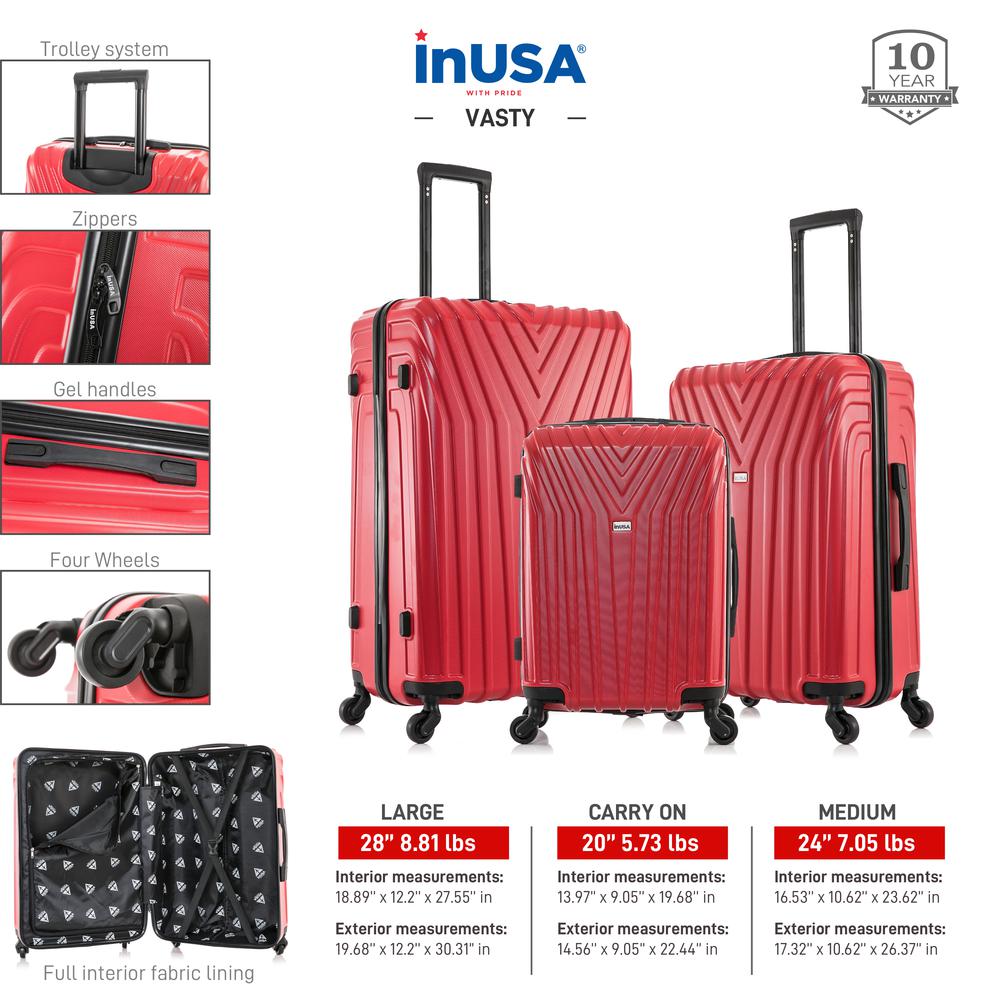 InUSA Vasty Lightweight Hardside Spinner 3 Piece Luggage set  20'',24'', 28'' Red. Picture 3