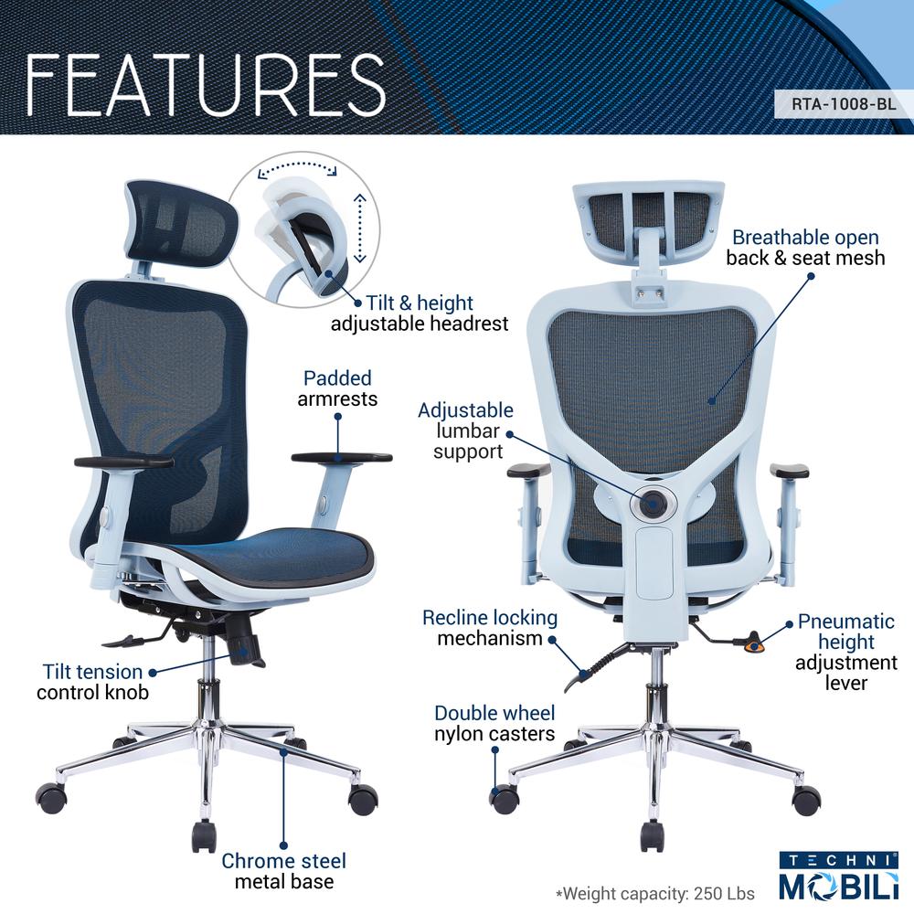The Techni Mobili High Back Executive Mesh Office Chair with Arms, Headrest and Lumbar Support, Blue. Picture 6