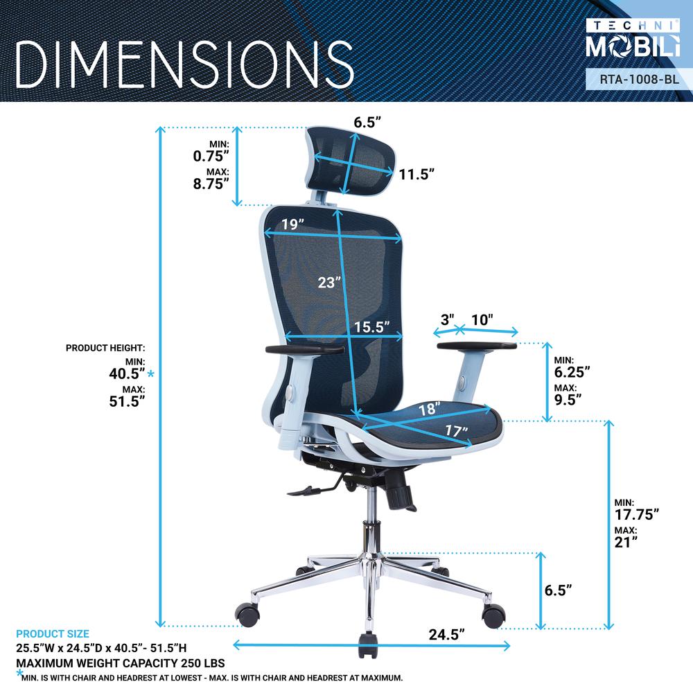 The Techni Mobili High Back Executive Mesh Office Chair with Arms, Headrest and Lumbar Support, Blue. Picture 7