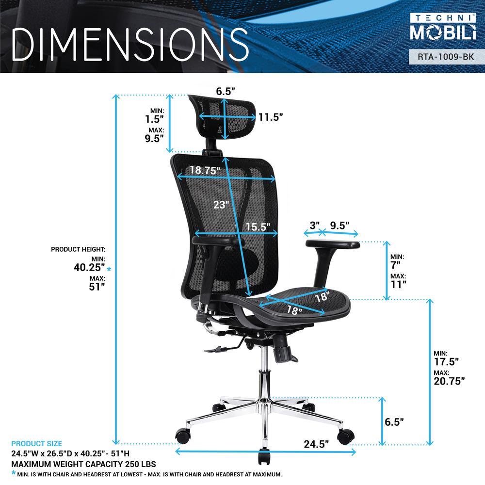 Techni Mobili High Back Executive Mesh Office Chair with Arms, Headrest and Lumbar Support , Black. The main picture.