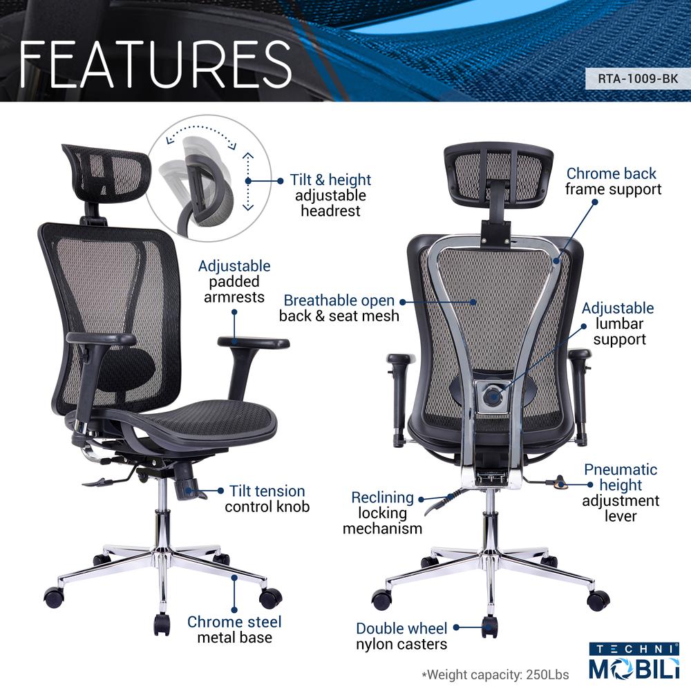 Techni Mobili High Back Executive Mesh Office Chair with Arms, Headrest and Lumbar Support , Black. Picture 7