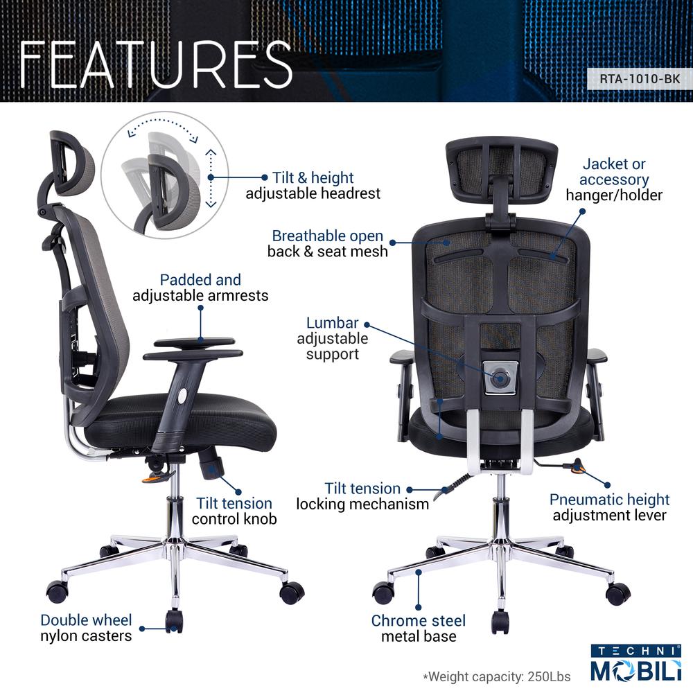 Techni Mobili High Back Executive Mesh Office Chair with Arms, Lumbar Support and Chrome Base, Black. Picture 7