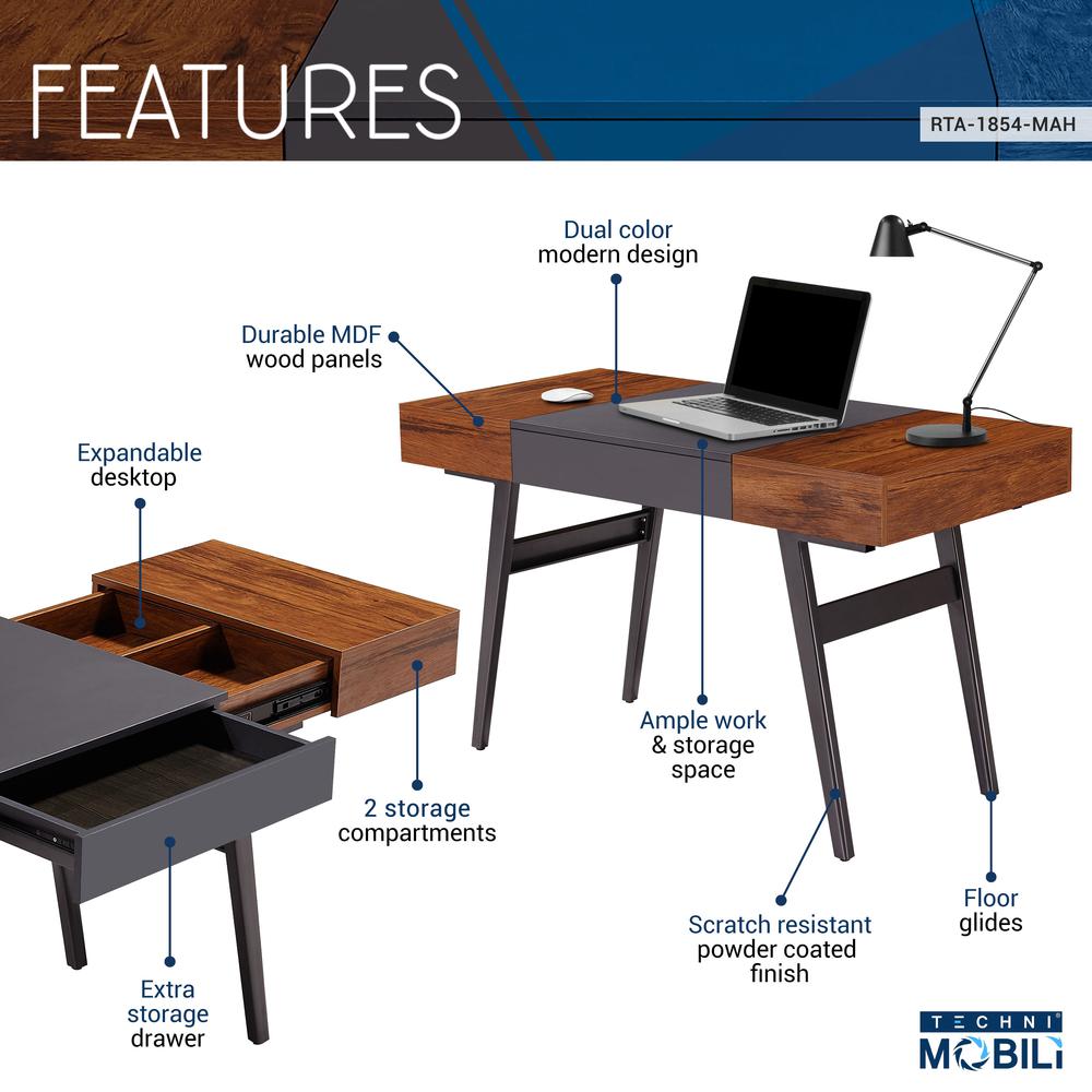 Techni Mobili Expandable Modern Desk with Storage, Mahogany. Picture 7