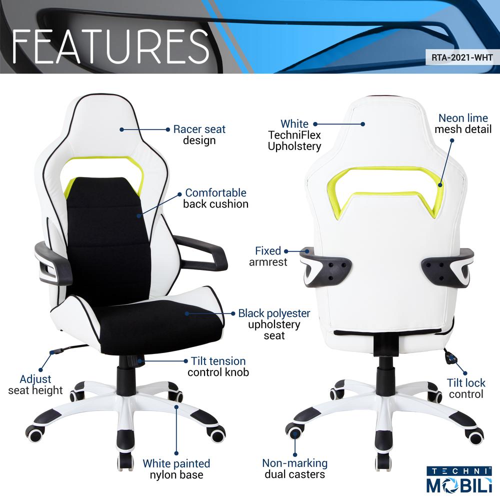 Techni Mobili Ergonomic Essential Racing Style Home & Office Chair, White. Picture 6